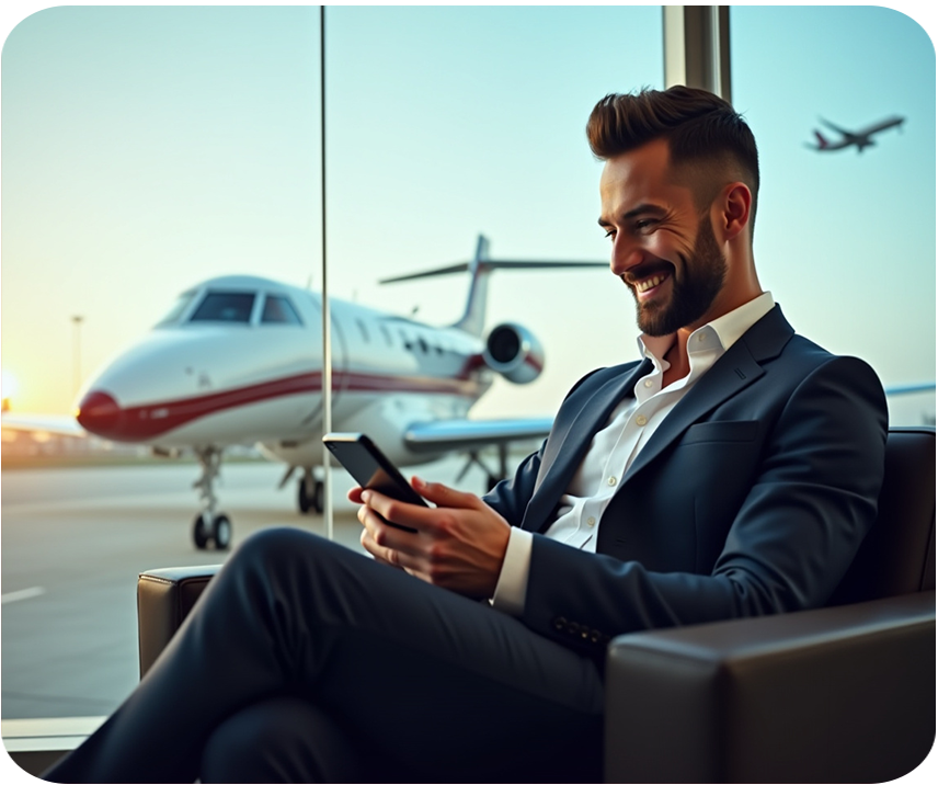 BitAir App on Smartphone Screen: The BitAir app displayed on a smartphone, offering users seamless private jet booking and luxury travel services at their fingertips.